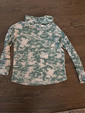 Thermal Tie-Dye Cowl Neck Long Sleeve Top - Teal & White